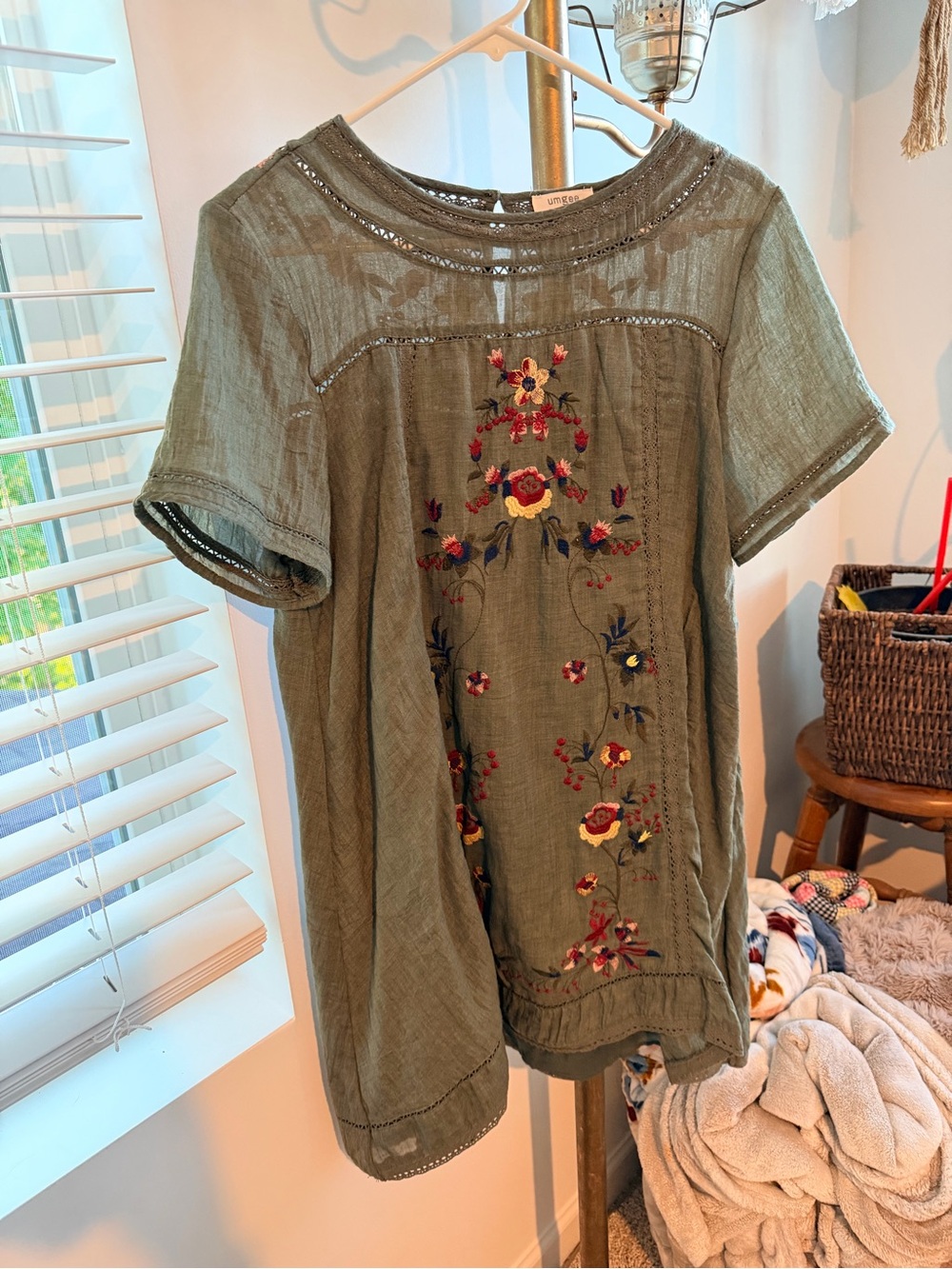 Olive Floral Embroidered Short Sleeve Women's Dress